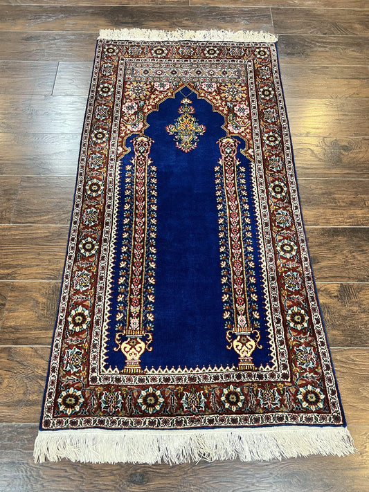 Indo Persian Prayer Rug 3x5 Vintage Hand Knotted Handmade Wool Dark Blue And Red Oriental Carpet