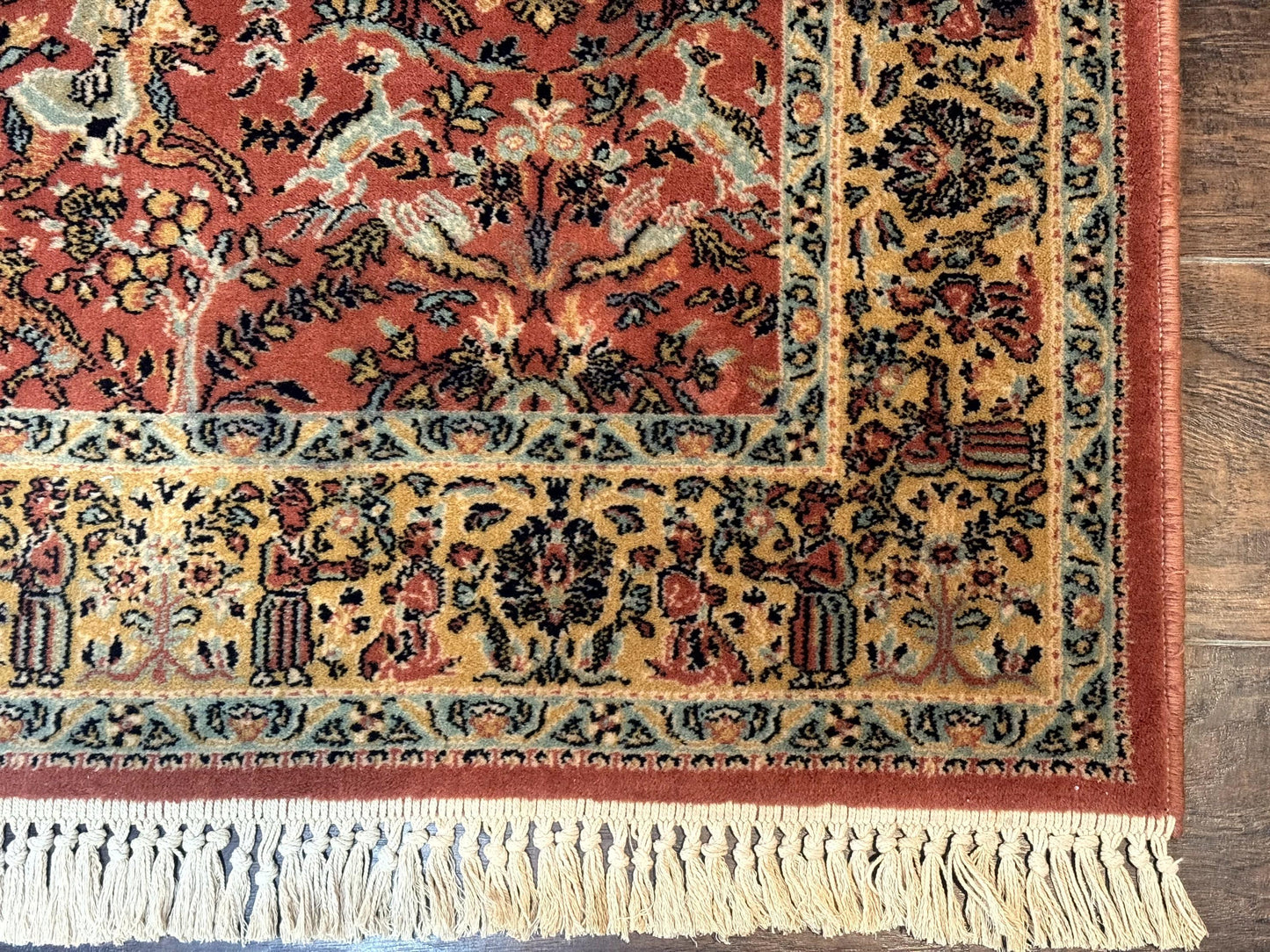 Persian Hunting Design Rug 4.7 x 6.5, Hunting Scene, Red-Orange, Wool, Belgian Power Loomed Carpet