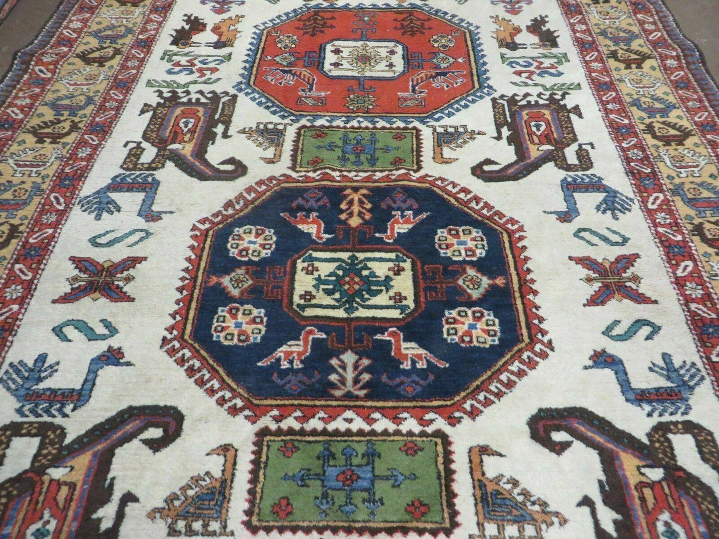 Turkish Knotted Wool Rug Vintage 7x10 Birds Animal Ivory Handmade Organic