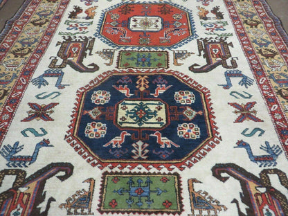 Turkish Knotted Wool Rug Vintage 7x10 Birds Animal Ivory Handmade Organic