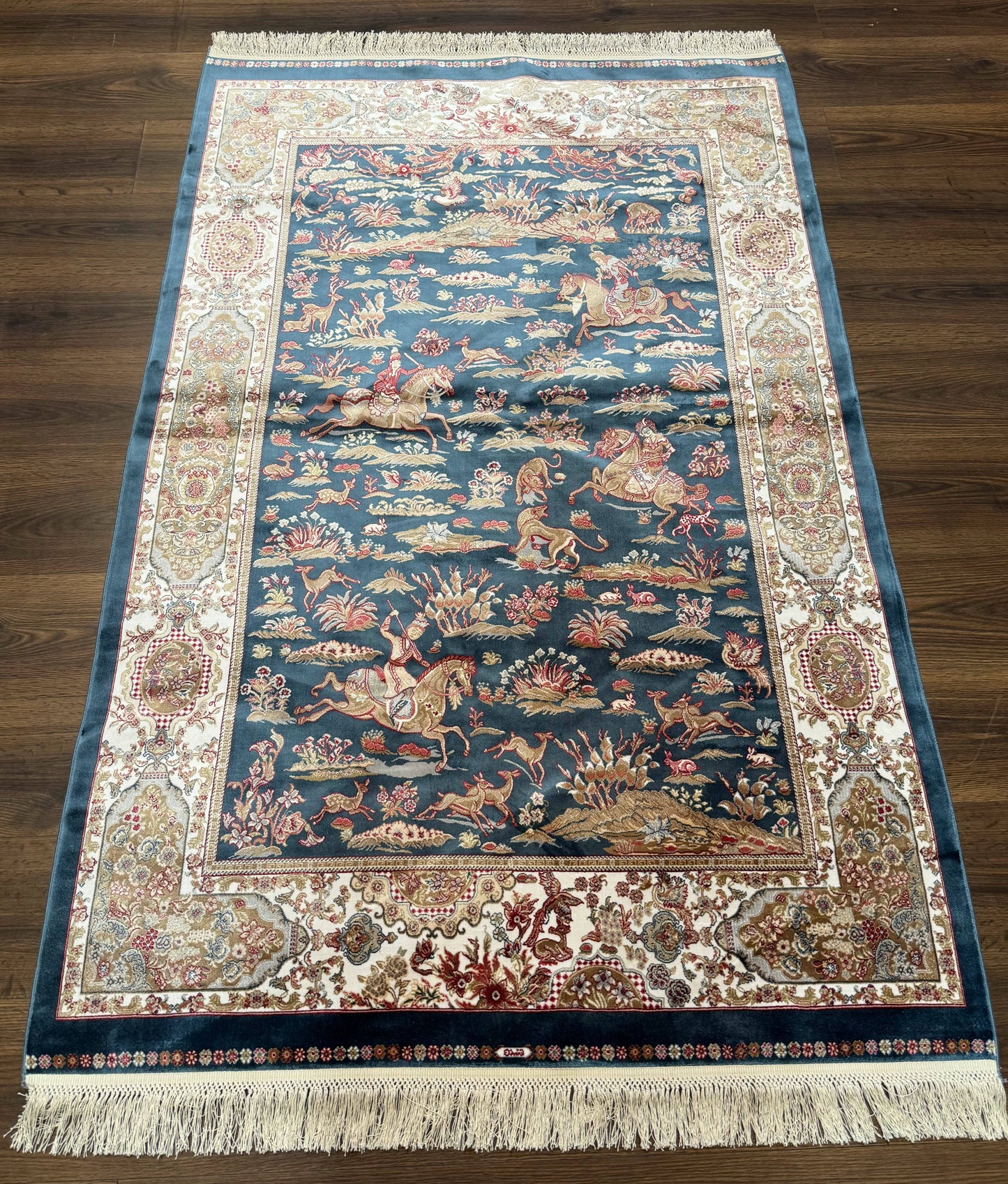 Turkish Silk Hunting Design Rug 4x6 in Dark Steel Blue and Ivory, Bamboo Silk