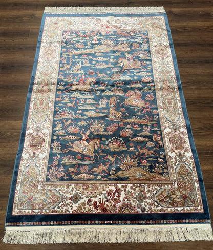 Turkish Silk Hunting Design Rug 4x6 in Dark Steel Blue and Ivory, Bamboo Silk