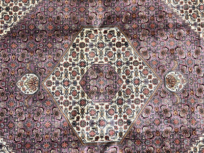 Indo Persian Bidjar Rug 8x10, Purple and Ivory Hand Knotted Wool Vintage Oriental Carpet, Herati Mahi Pattern, 8 x 10 Traditional Fine Rug
