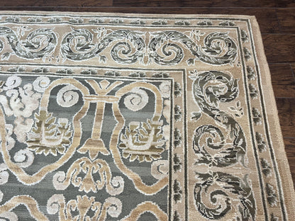 Spanish Wool Rug 11x14 Hand Knotted Vintage Floral Olive Green Beige European Design