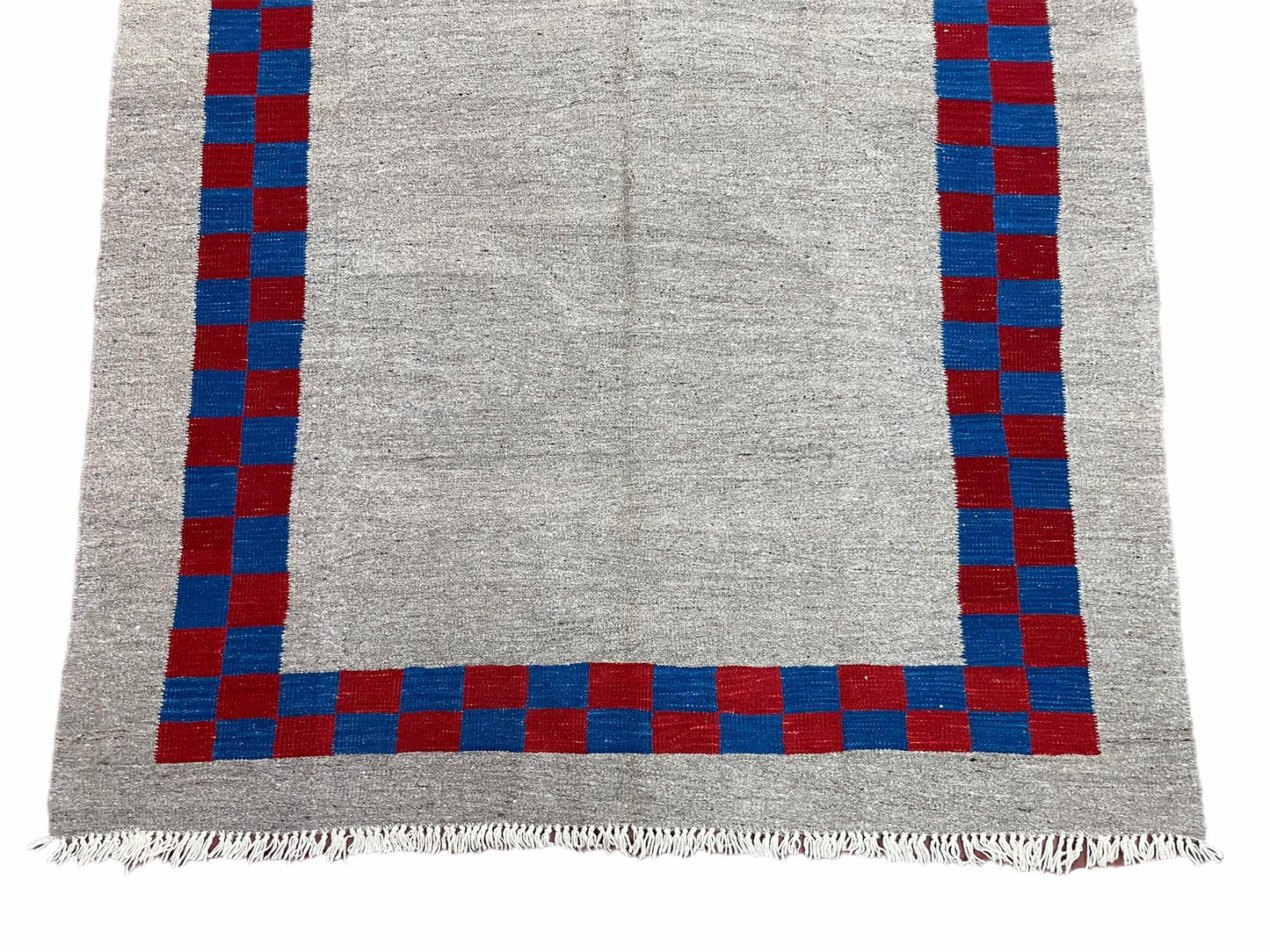 Gray Turkish Kilim Carpet 5' 7" x 7' 7", Medium Kilim Rug, Hand-Knotted, Blue & Red Border, Minimalistic Design, Geometric, Wool, New