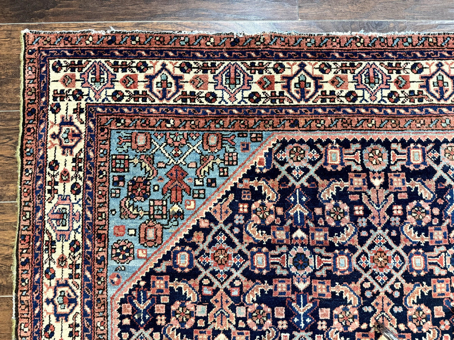 Antique Persian Rug Handmade Wool 5 by 6.7 Feet Navy Blue and Ivory Hamadan Angelas