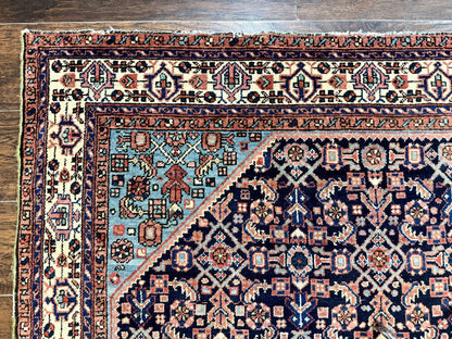 Antique Persian Rug Handmade Wool 5 by 6.7 Feet Navy Blue and Ivory Hamadan Angelas