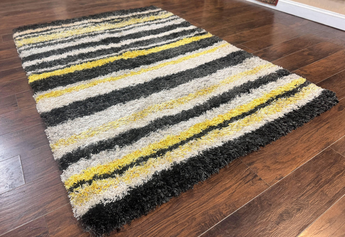 Shag Rug 5x8 Yellow Ivory Charcoal Contemporary Machine Made Polypropylene