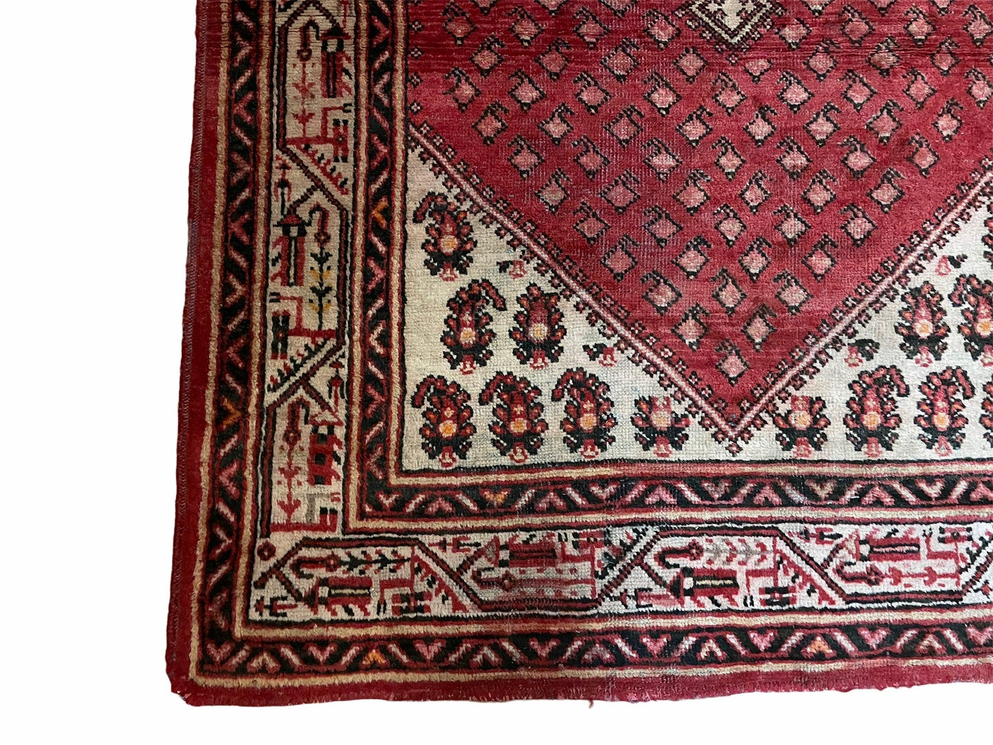 Antique Handmade Wool Rug Paisley Boteh Design Tribal Area Rug Red Ivory