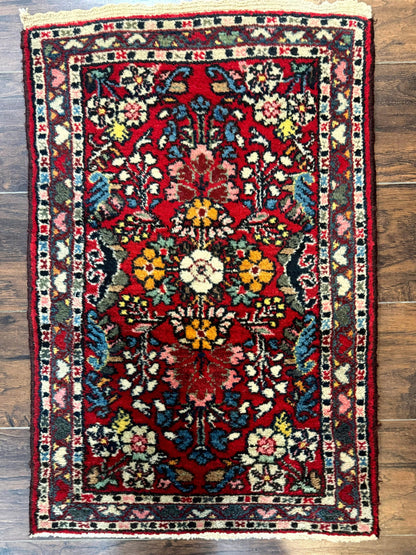 Small Persian Tribal Rug 2x3, Red Colorful Small Hamadan Carpet, Antique Persian Rug