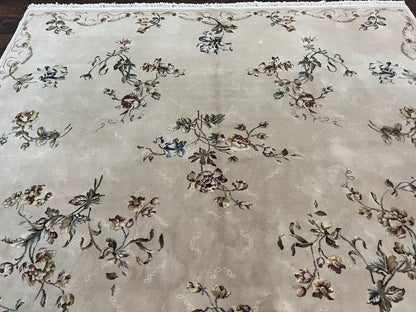 Handmade Chinese Aubusson Wool and Silk Rug 8x10 Vintage Beige Floral European Design