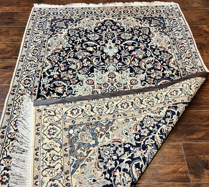 Persian Nain Rug 4x6, Floral, Hand Knotted Vintage Wool & Silk Highlights, Signature from Masterweaver, Navy Blue and Ivory