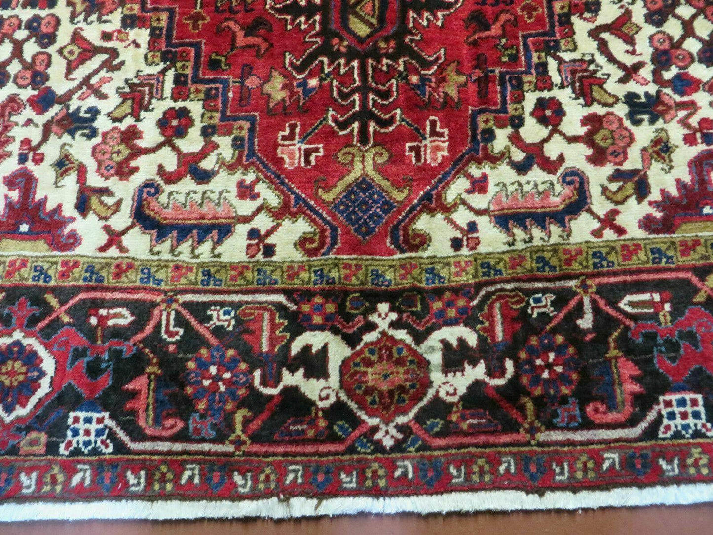 Persian Heriz Rug Hand Knotted Wool Red Ivory Dark Blue 8 Foot 6 Inch By 11 Foot Geometric Medallion Semi Antique