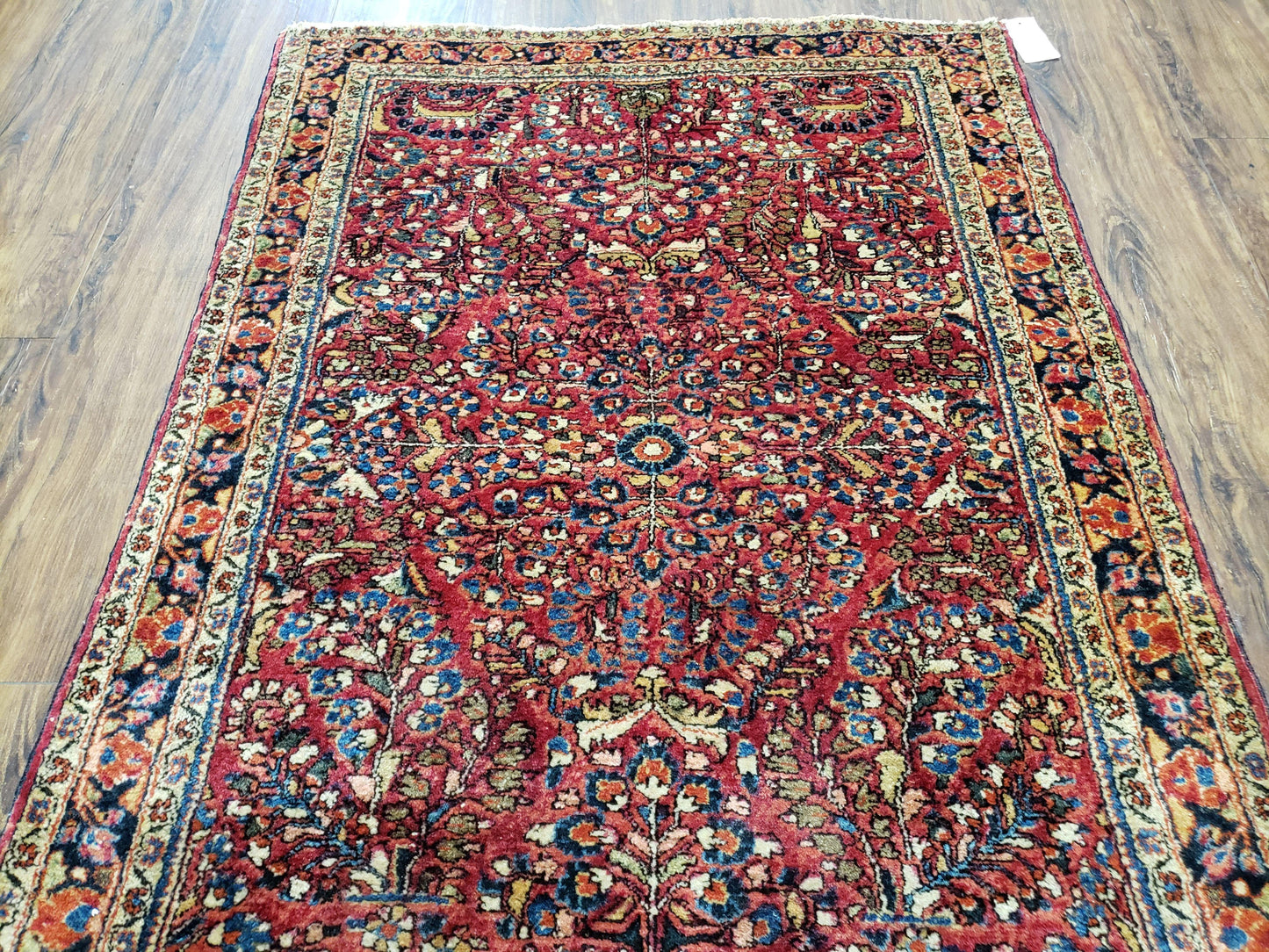 Antique Persian Sarouk Rug, Red, Allover Floral Pattern, Hand-Knotted, Wool, 3'4" x 4'10"