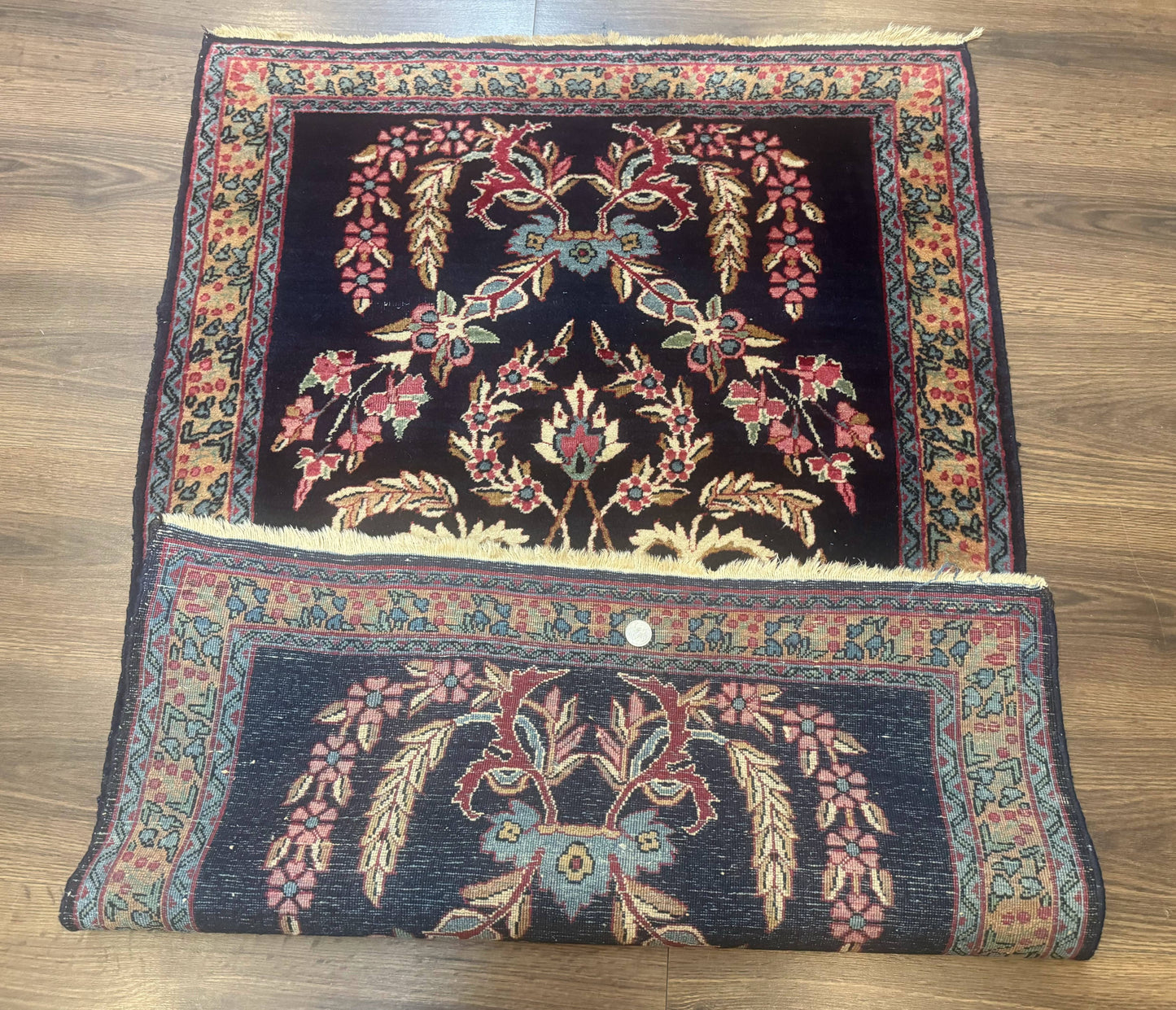 Persian Kerman Rug Antique Navy Blue Floral 2 Ft 8 In By 4 Ft Hand Woven