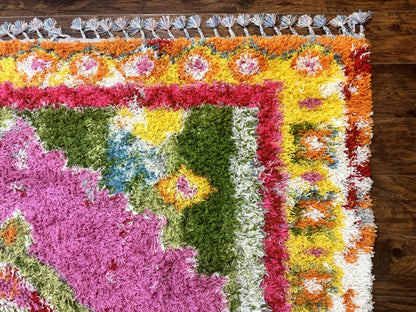 Colorful Shag Rug 8x10 Wool Area Rug In Fuchsia And Multicolor Vintage Power Loomed