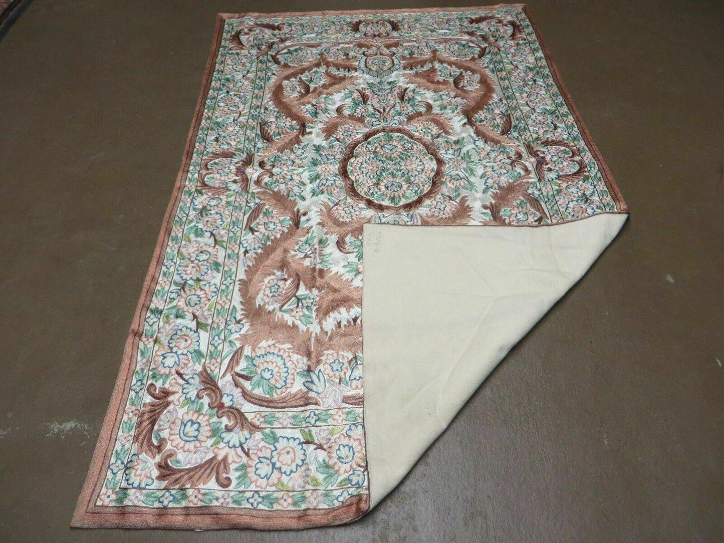 Vintage Hand Stitched Silk On Cotton Rug From India Floral Pattern 46 By 72 Inches