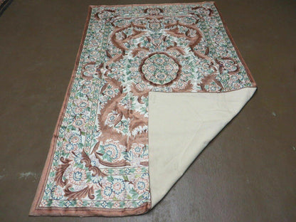 Vintage Hand Stitched Silk On Cotton Rug From India Floral Pattern 46 By 72 Inches