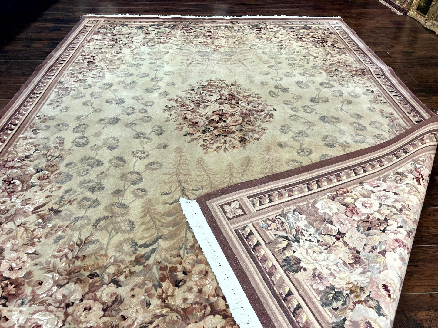 Aubusson Wool Rug 9x11 With Silk Highlights European Vintage Handmade Floral Design