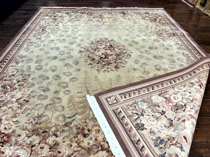 Aubusson Wool Rug 9x11 With Silk Highlights European Vintage Handmade Floral Design