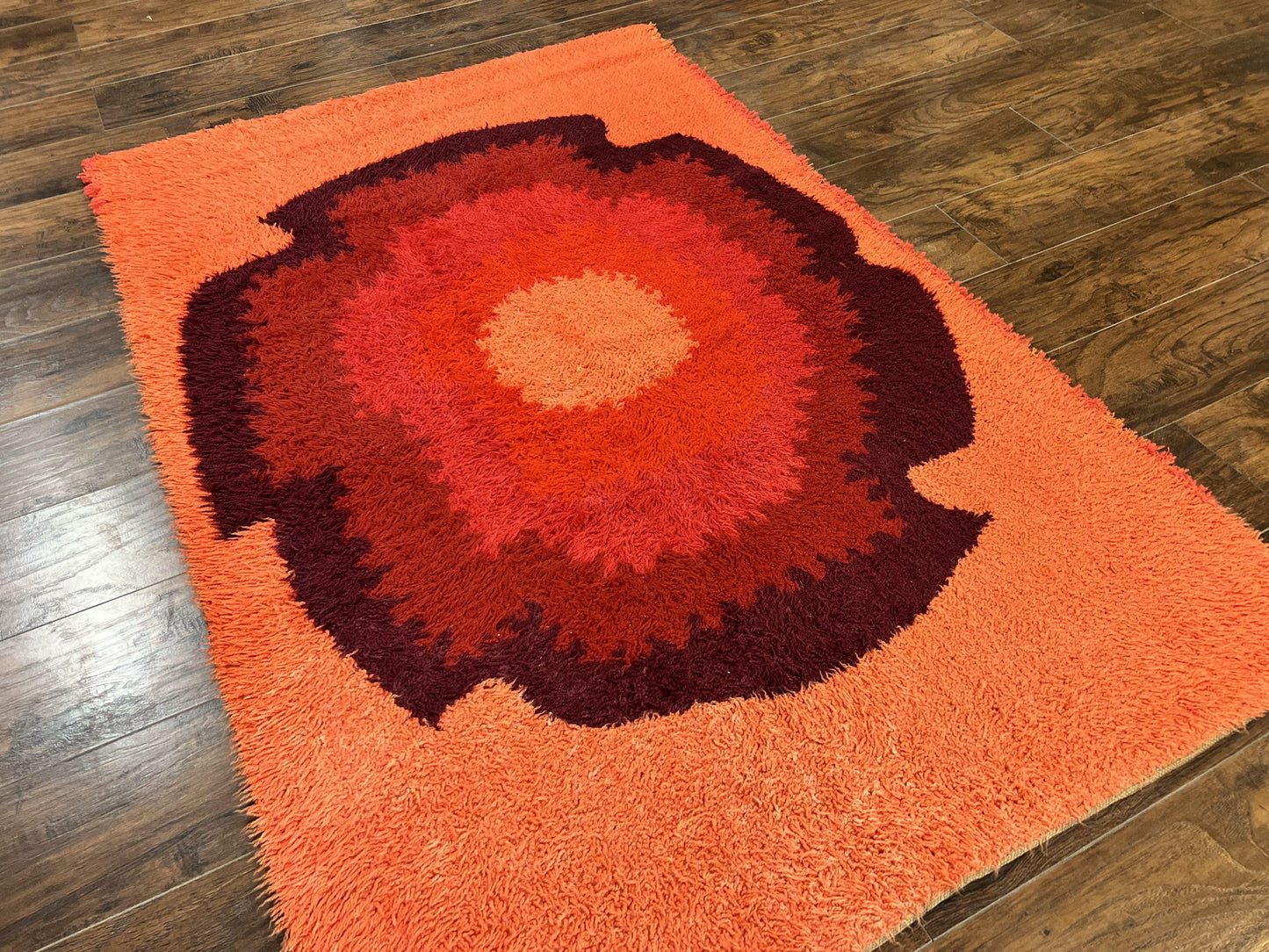 Danish Rya Shag Rug 4x6, Mid Century 1960s Retro Vintage Wool Rug, Shades of Red