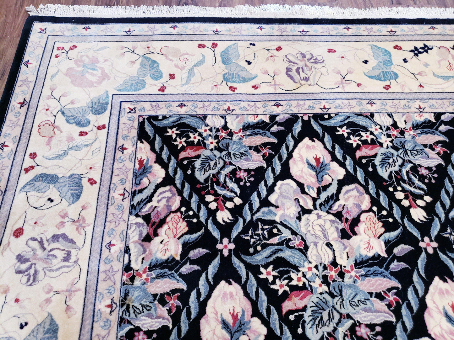 Black Kirman Rug, 8x11 - 9x12 Rug, Sino-Persian Rug, Floral Oriental Carpet, Handmade Rug, Black and Ivory Rug, Room Sized Area Rug, Wool