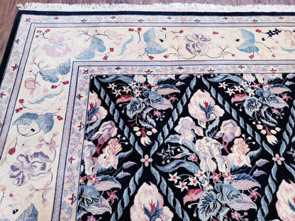 Black Kirman Rug, 8x11 - 9x12 Rug, Sino-Persian Rug, Floral Oriental Carpet, Handmade Rug, Black and Ivory Rug, Room Sized Area Rug, Wool
