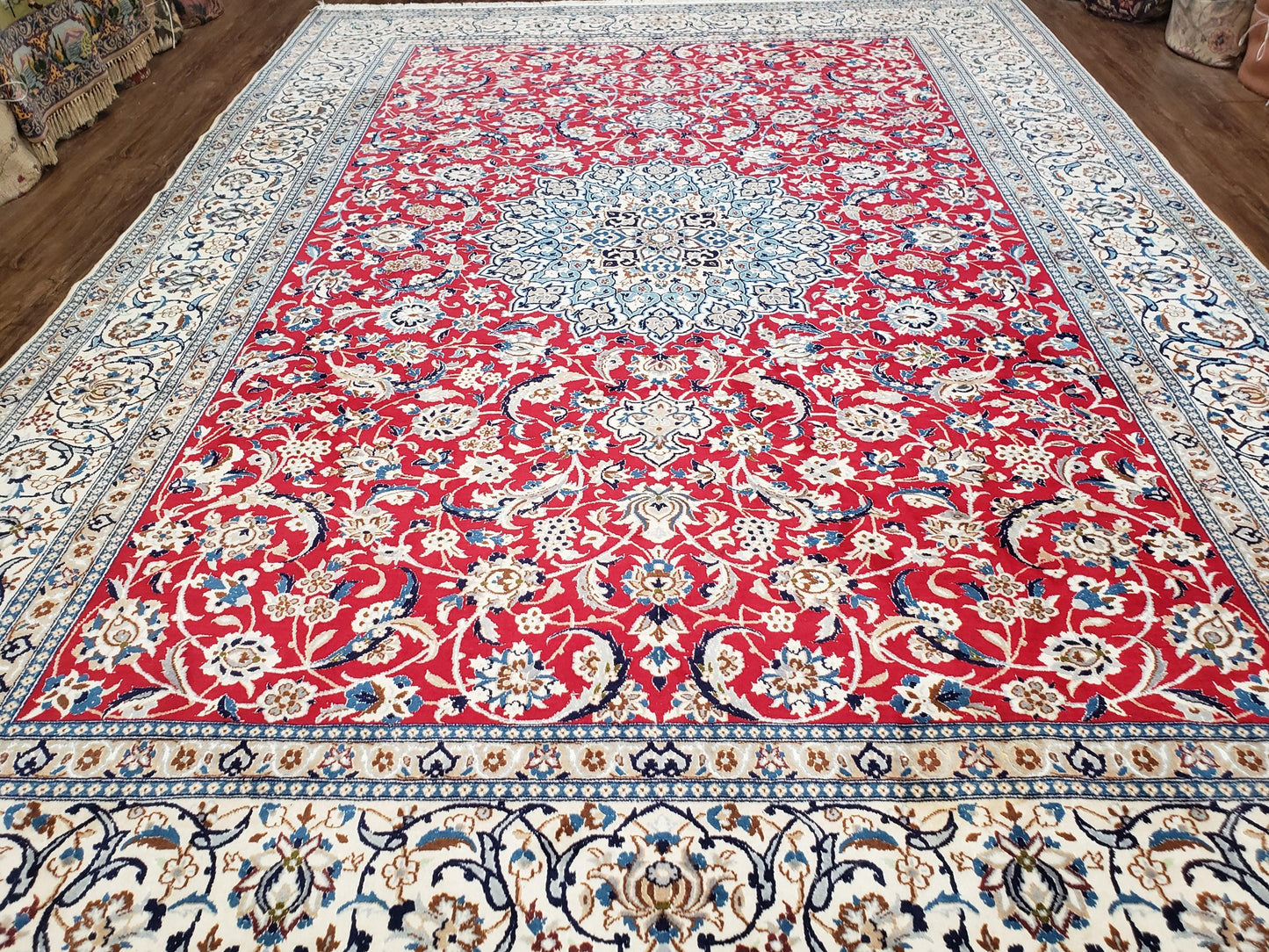 Persian Nain Rug 8x12, Red and Ivory, Signed