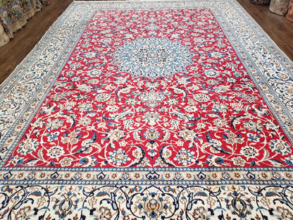 Persian Nain Rug 8x12, Red and Ivory, Signed