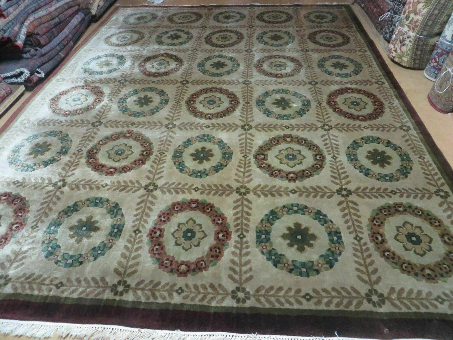 Handmade Wool Rug Indo Lahore 9x12 Modern Art Deco Olive Ivory