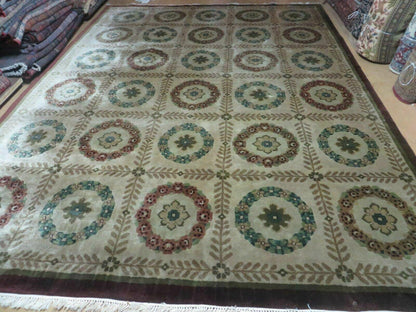 Handmade Wool Rug Indo Lahore 9x12 Modern Art Deco Olive Ivory