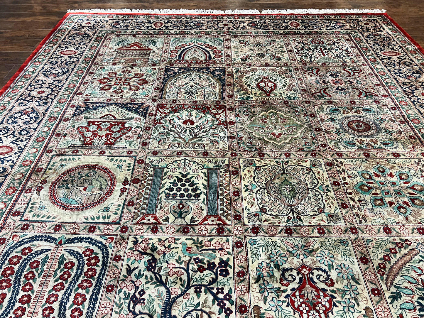 Silk Sino Persian Rug 9x12, Panel Design, Garden of Eden Pattern, Fine 200 KPSI, Hand Knotted Room Sized Silk Carpet, Vintage