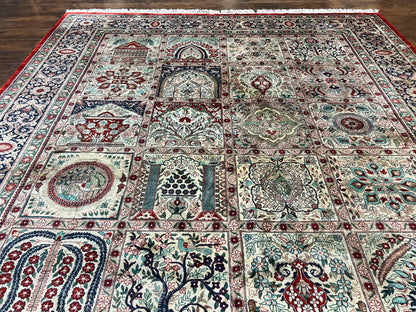 Silk Sino Persian Rug 9x12, Panel Design, Garden of Eden Pattern, Fine 200 KPSI, Hand Knotted Room Sized Silk Carpet, Vintage