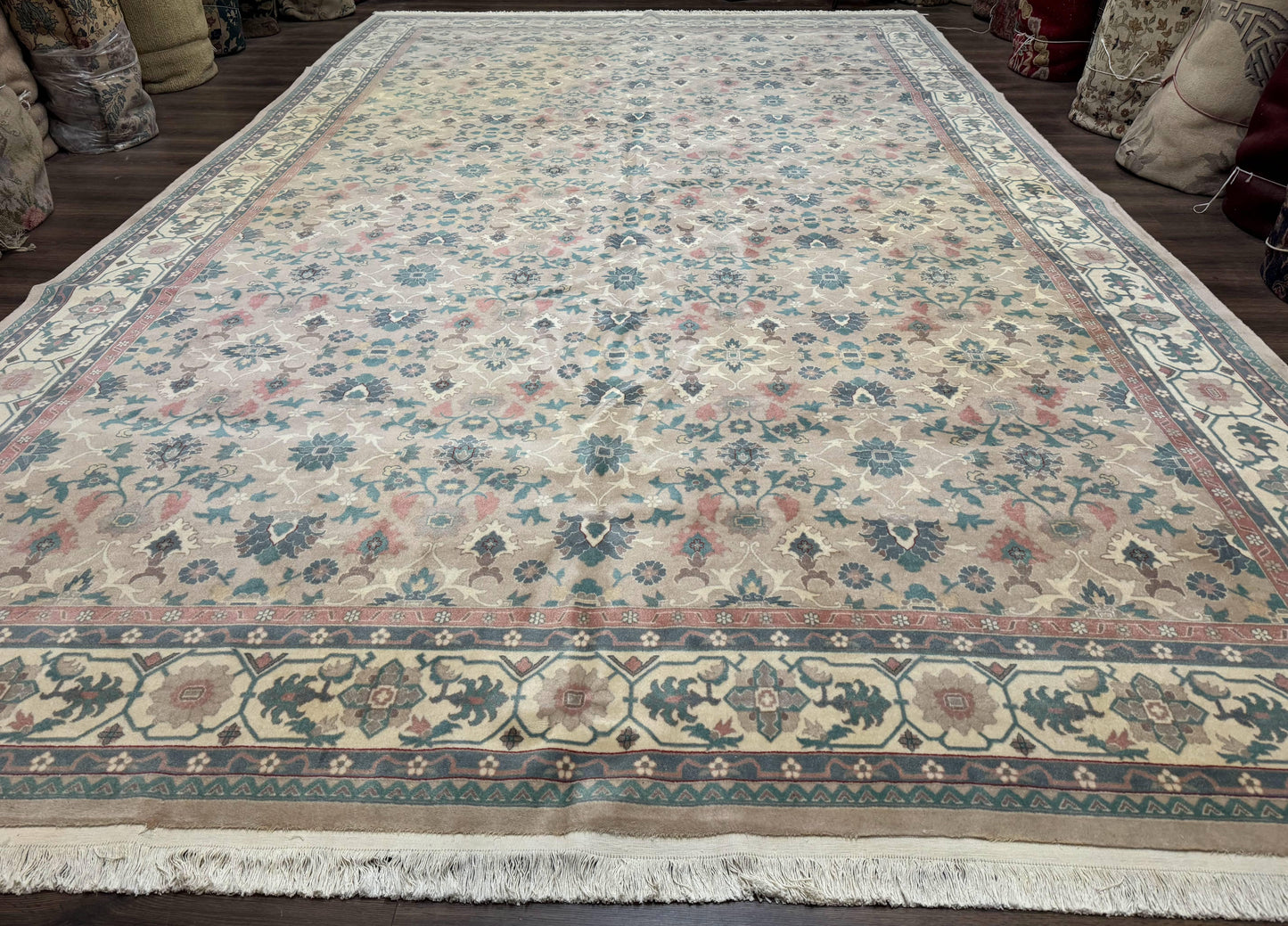 Palace Size Wool Rug 10x18, Sino Persian Kerman Rug, Oversized Hand Knotted Carpet, Light Taupe, Allover Pattern