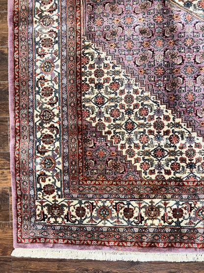 Indo Persian Bidjar Rug 8x10, Purple and Ivory Hand Knotted Wool Vintage Oriental Carpet, Herati Mahi Pattern, 8 x 10 Traditional Fine Rug