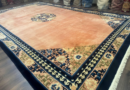 Chinese Wool Rug 11X18 Peking Style Open Field Peach and Blue Art Deco Handmade Carpet