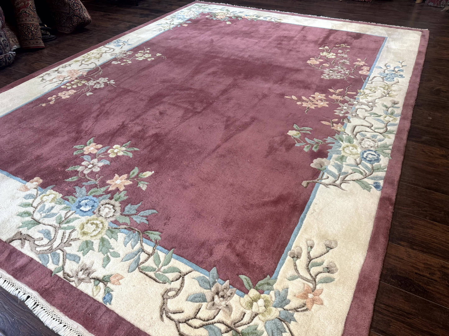 Indo Chinese Art Deco Rug 9x12, Pink and Ivory, Open Filed, Floral, Wool