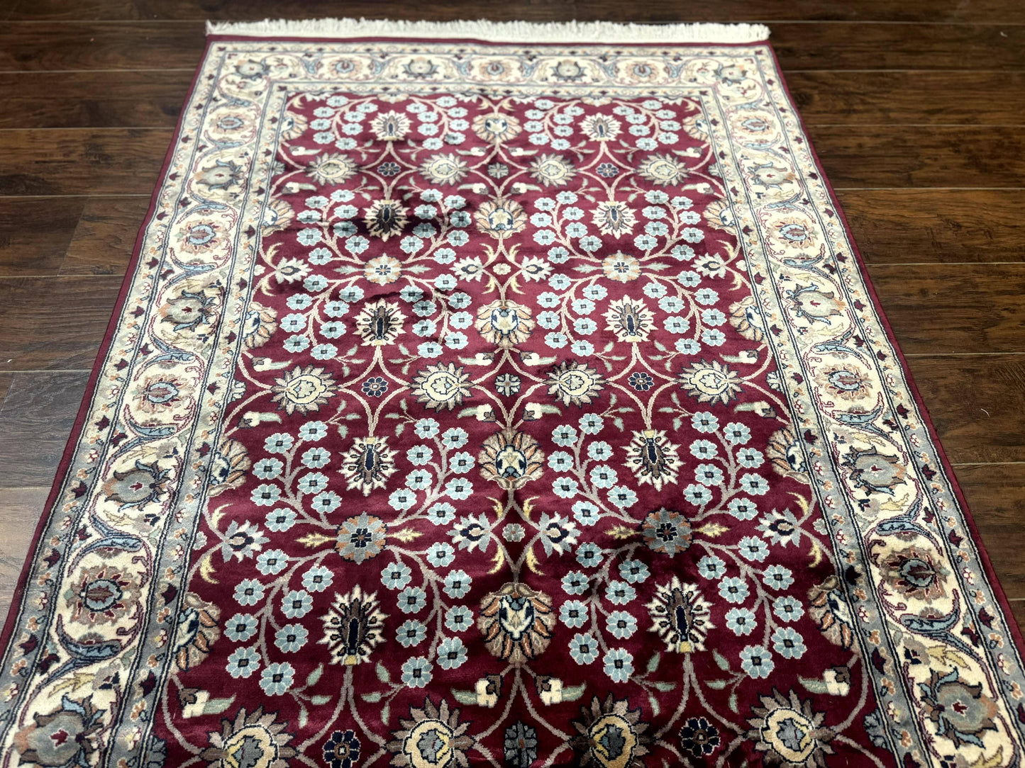Pak Persian Rug 4x6, Floral Allover, Vintage Wool Carpet, Plum and Ivory