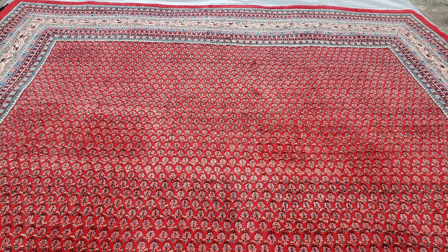 Persian Sarouk Mir Pattern, Red and Beige, Hand-Knotted, Wool, Paisley Boteh Design, 9'9" x 13', Semi Antique