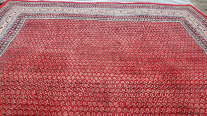 Persian Sarouk Mir Pattern, Red and Beige, Hand-Knotted, Wool, Paisley Boteh Design, 9'9" x 13', Semi Antique