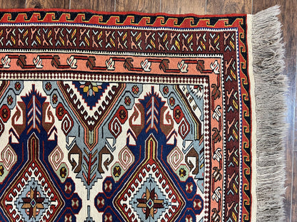 Russian Soumak Rug 6x8, Wool Handmade Antique Kilim Carpet, Multicolor 6 x 8 Geometric Medallions Caucasian Rug, Medium Size