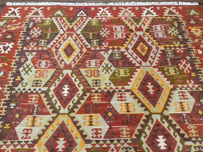 Turkish Kilim Rug 8x10 Geometric Design Handwoven Wool Carpet