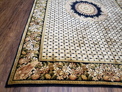 Indo Tibetan Wool Rug Handmade 6x8 Floral Border In Black Cream