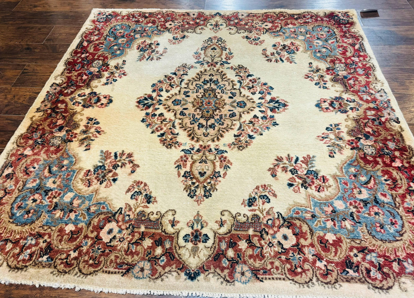 Square Persian Kerman Rug, Beige/Cream and Light Blue, Traditional Persian Rug, 5.5 x 5.5 ft