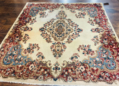 Square Persian Kerman Rug, Beige/Cream and Light Blue, Traditional Persian Rug, 5.5 x 5.5 ft
