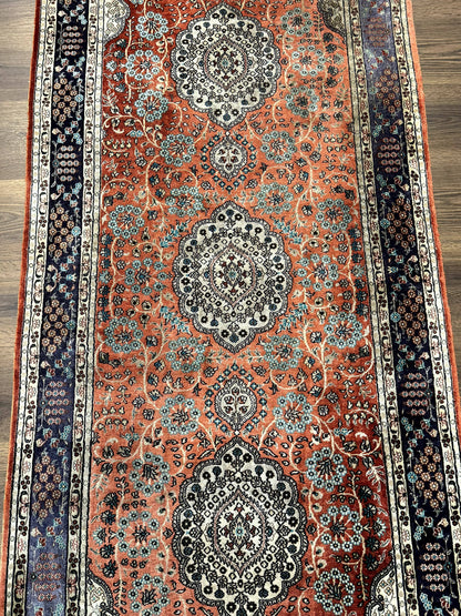 Turkish Silk Runner Rug 3x8, Short Runner Rug, Red, Floral Medallions, Very Fine 360 KPSI, 3 x 8 Runner