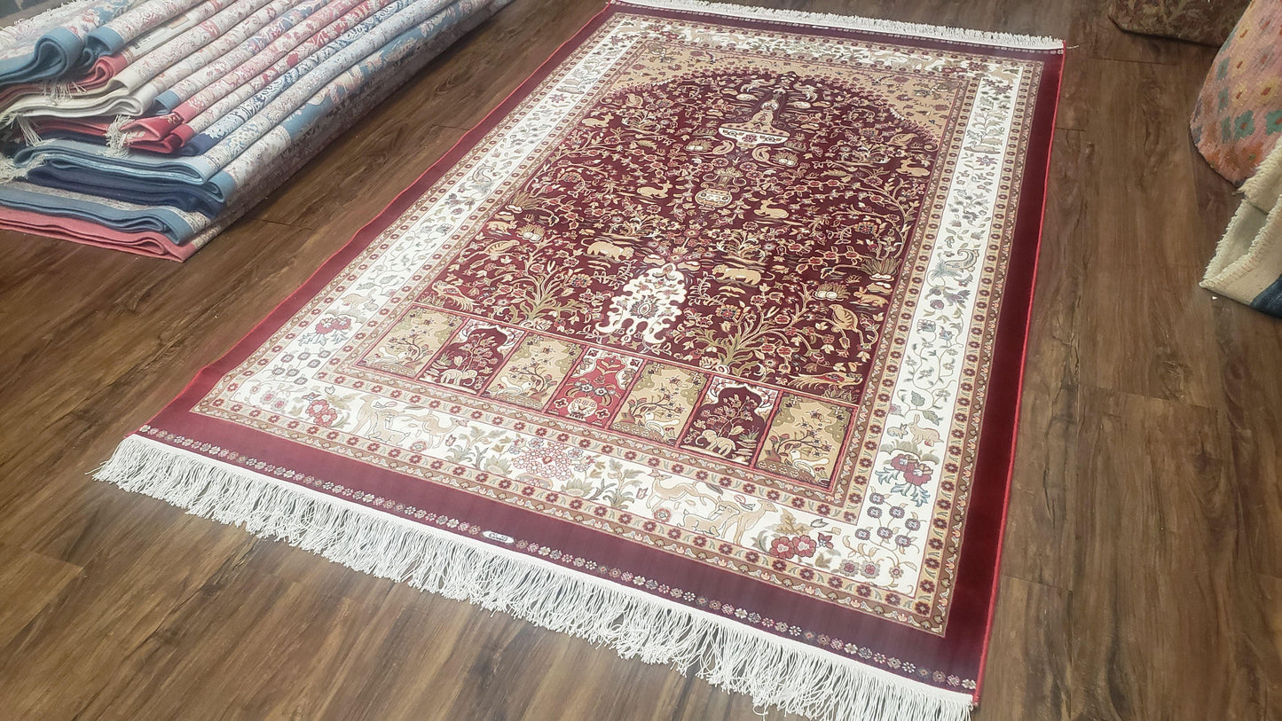 Silk Carpet 4x6 Dark Red & Cream, Tree of Life Rug, Animal Motifs, Birds Deer Rabbits, All Bamboo Silk, 4 x 6 Silk Area Rug