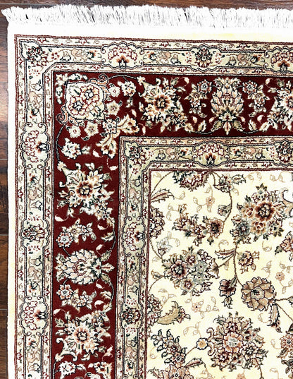 Pak Persian Rug 6x9 Wool Silk Hand Knotted Floral Allover Cream and Maroon Vintage Rug
