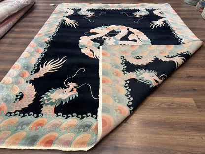Black Chinese Wool Rug 8x10 Hand Knotted Dragons With Rainbow Borders