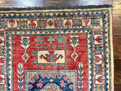 Turkish Kazak Rug 3x4 Hand Knotted Wool Vintage Carpet Red Navy Blue Geometric Design